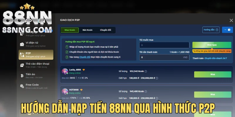 Hướng dẫn nạp tiền 88NN qua hình thức P2P
